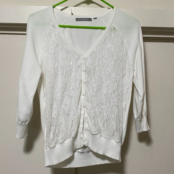 NY Collection, 3/4 length sleeve, white button-down sweater w/white lace, size S - Picture 1 of 10